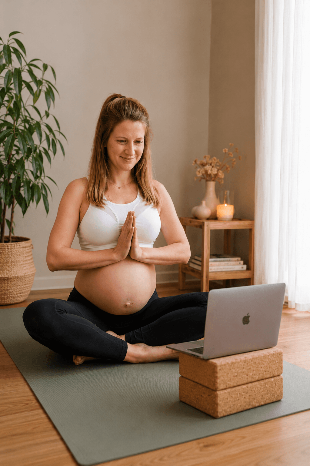 Femme enceinte pratiquant du yoga prénatal en ligne à la maison devant un ordinateur
